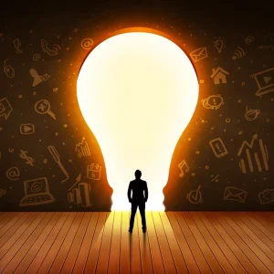 Business man looking at bright light bulb in the wall concept