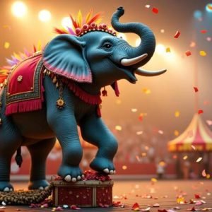 a-colorful-circus-scene-featuring-a-decorated-elephant-performing-amidst-confetti-photo